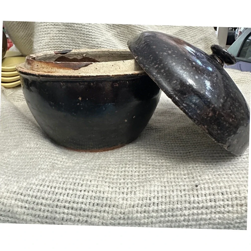 Vintage Asian Brown Glaze Stoneware Lidded Pot Jar Dark Wabi Sabi Japandi 6.5